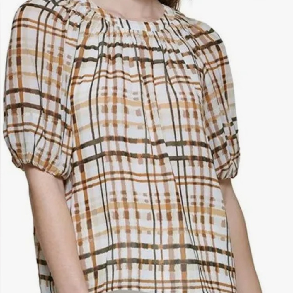 NWT Calvin Klein Brown Plaid Puff Sleeve Blouse. Sz S